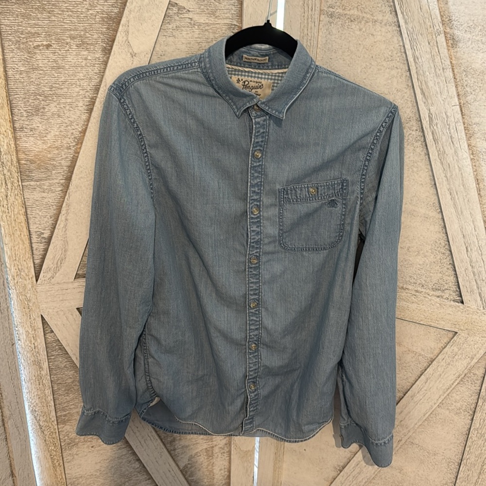 Men's Blue Denim Penguin Button-Up Shirt